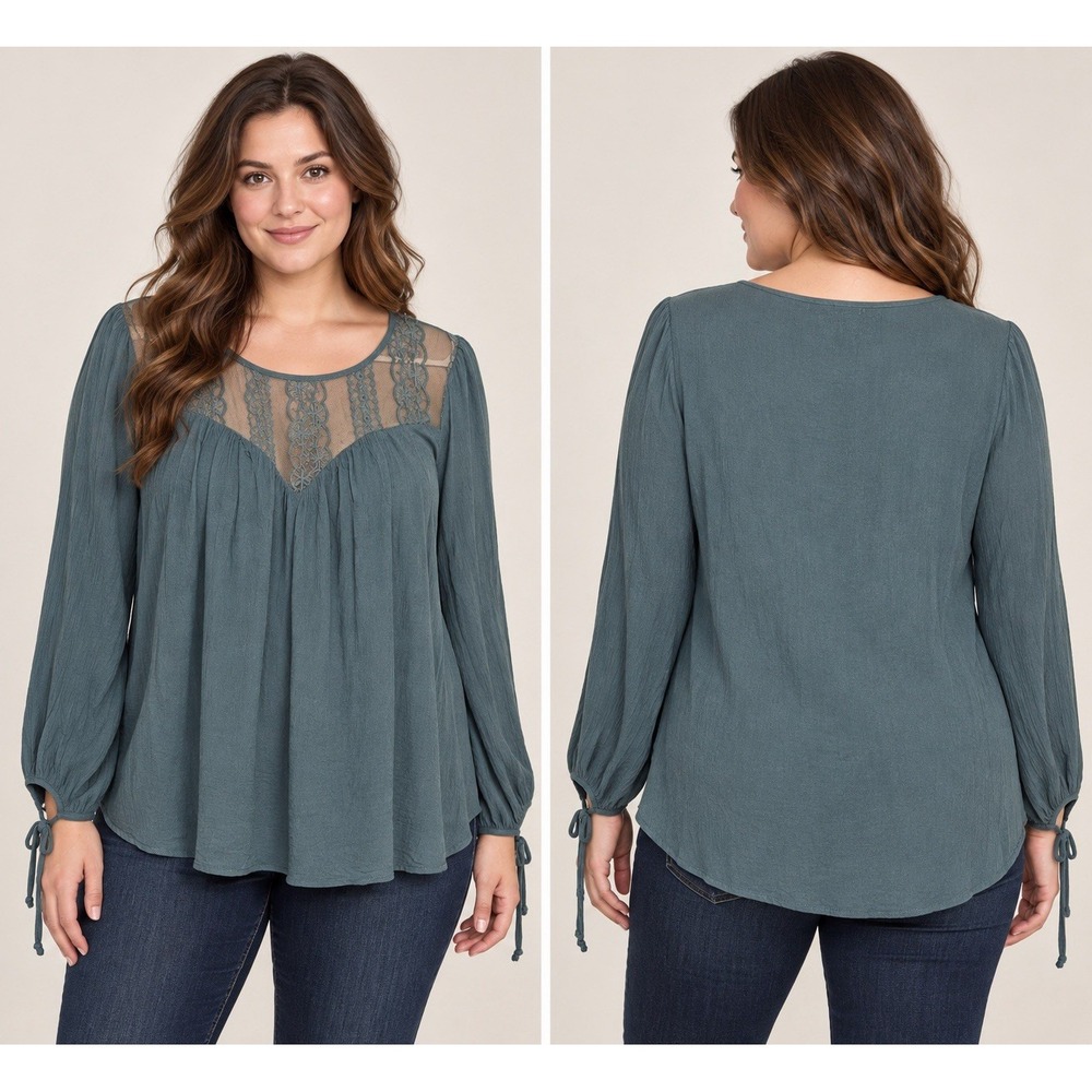 Living Doll Women's XL Slate Real Lace Yoke Long Sleeve Boho Blouse Fairy